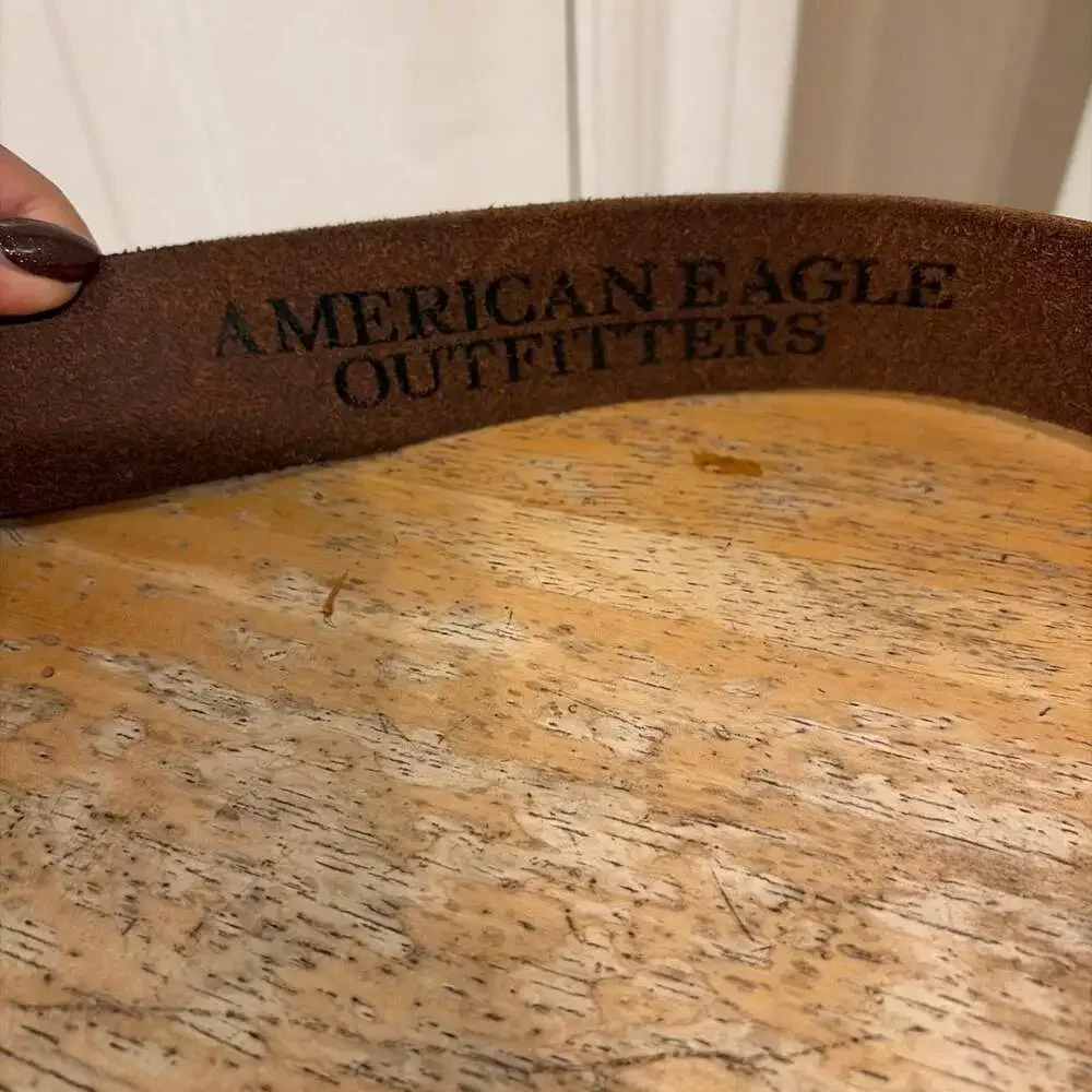 American Eagle Outfitters Men's Distressed Brown Leather Belt with Square Buckle